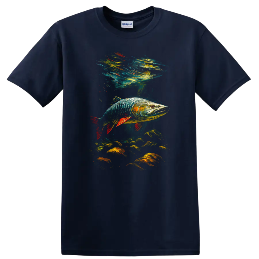 Colorful Fish Art T Shirt, Vibrant Underwater Bass Design for Anglers - Navy (Blue)