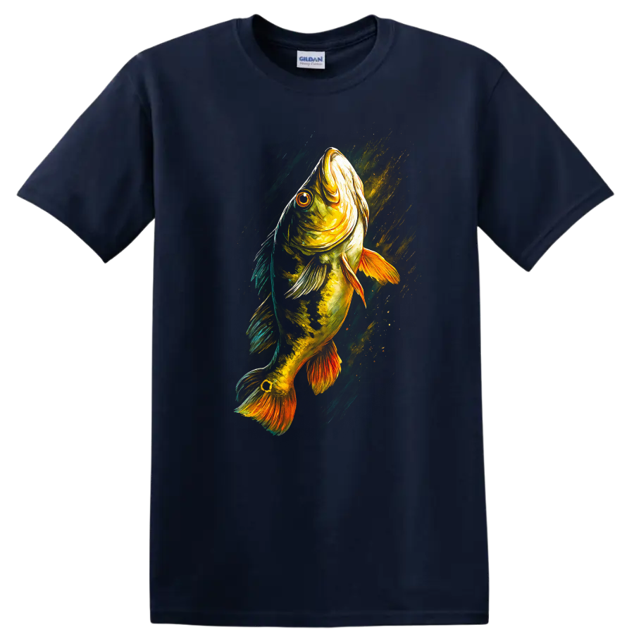 Colorful Fish Art T Shirt Vibrant Bass Fishing Graphic for Anglers - Navy (Blue)