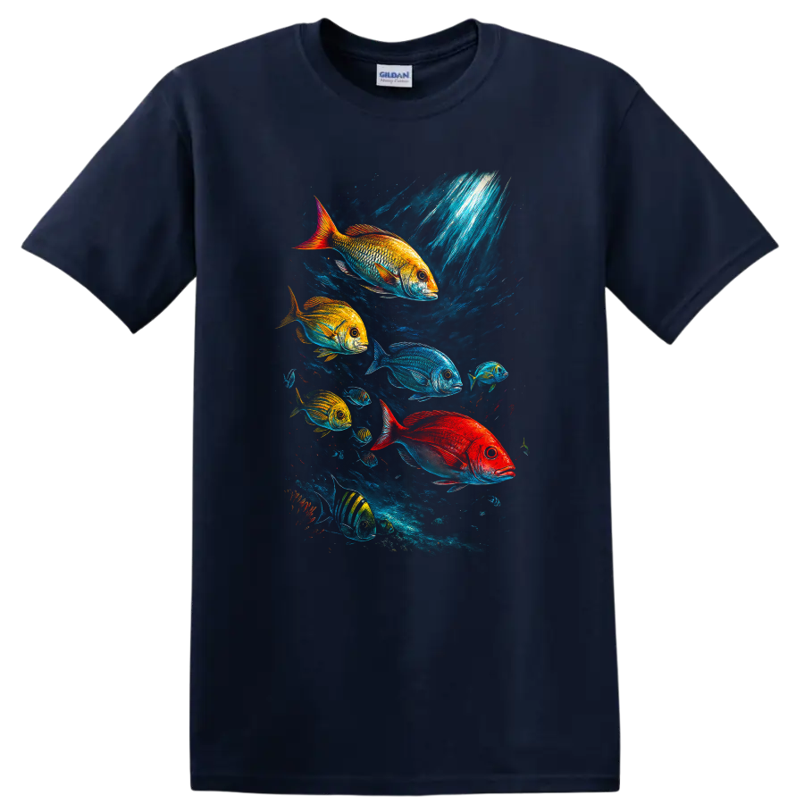 Colorful Fish School Underwater Art T Shirt Vibrant Ocean Scene - Navy (Blue)