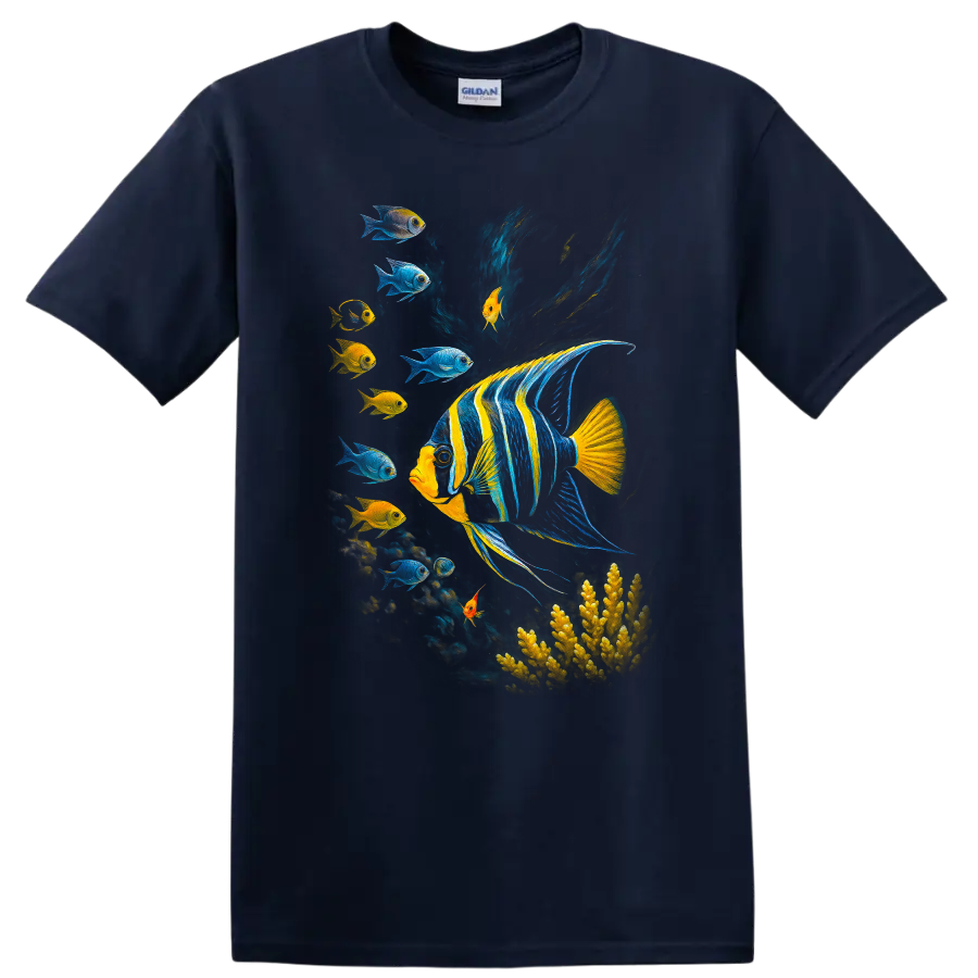 Colorful Tropical Fish Underwater Art T Shirt for Ocean Lovers - Navy (Blue)