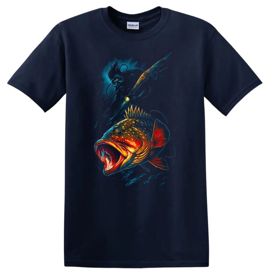 Colorful Bass Fish Art T Shirt Bold Deep Sea Angler Design - Navy (Blue)