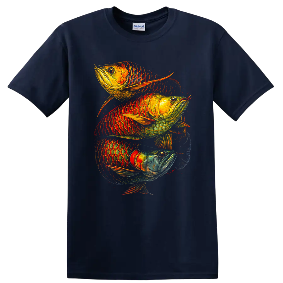 Three Arowana Fish Colorful Tropical Art T Shirt - Navy (Blue)