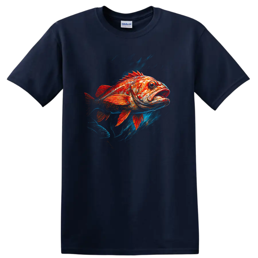 Red Orange Fish Art T Shirt with Bold Underwater Splash Design - Navy (Blue)
