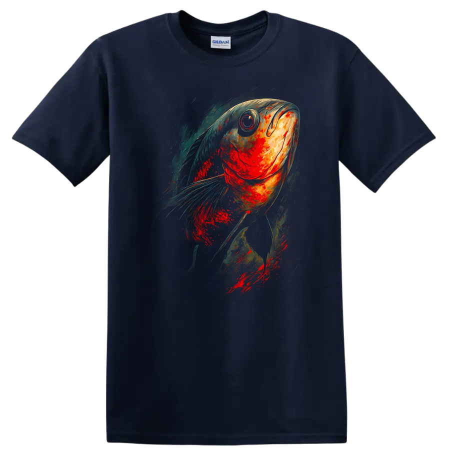 Abstract Colorful Fish Art T Shirt Vibrant Ocean Painterly Graphic Tee - Navy (Blue)