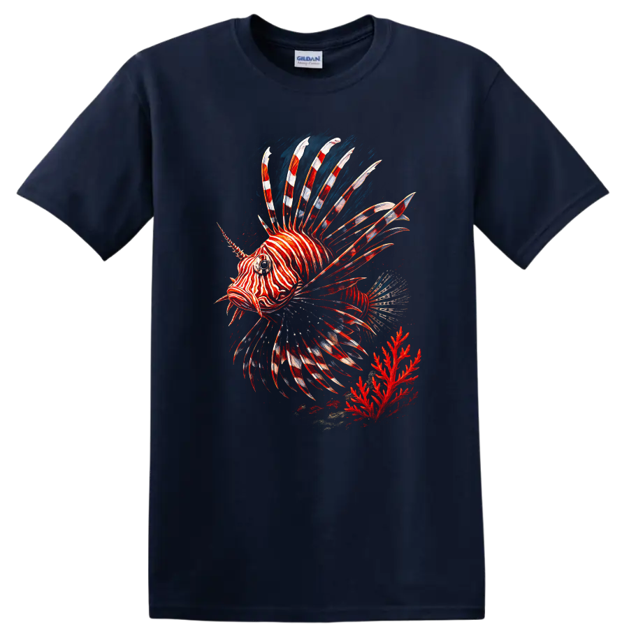 Red Lionfish Zebra Fish T Shirt Colorful Ocean Reef Graphic - Navy (Blue)