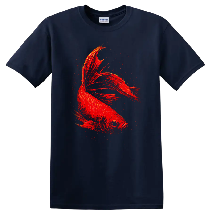 Fiery Red Betta Fish Art Graphic T Shirt for Fish Lovers - Navy (Blue)