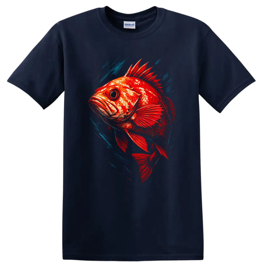 Vibrant Red Fish Art T Shirt with Blue Splash Motion Design - Navy (Blue)