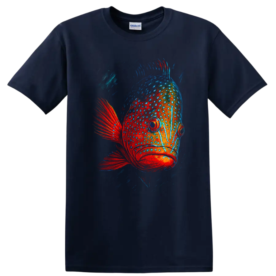 Colorful Painted Fish Art T Shirt Bold Ocean Creature Graphic Tee - Navy (Blue)