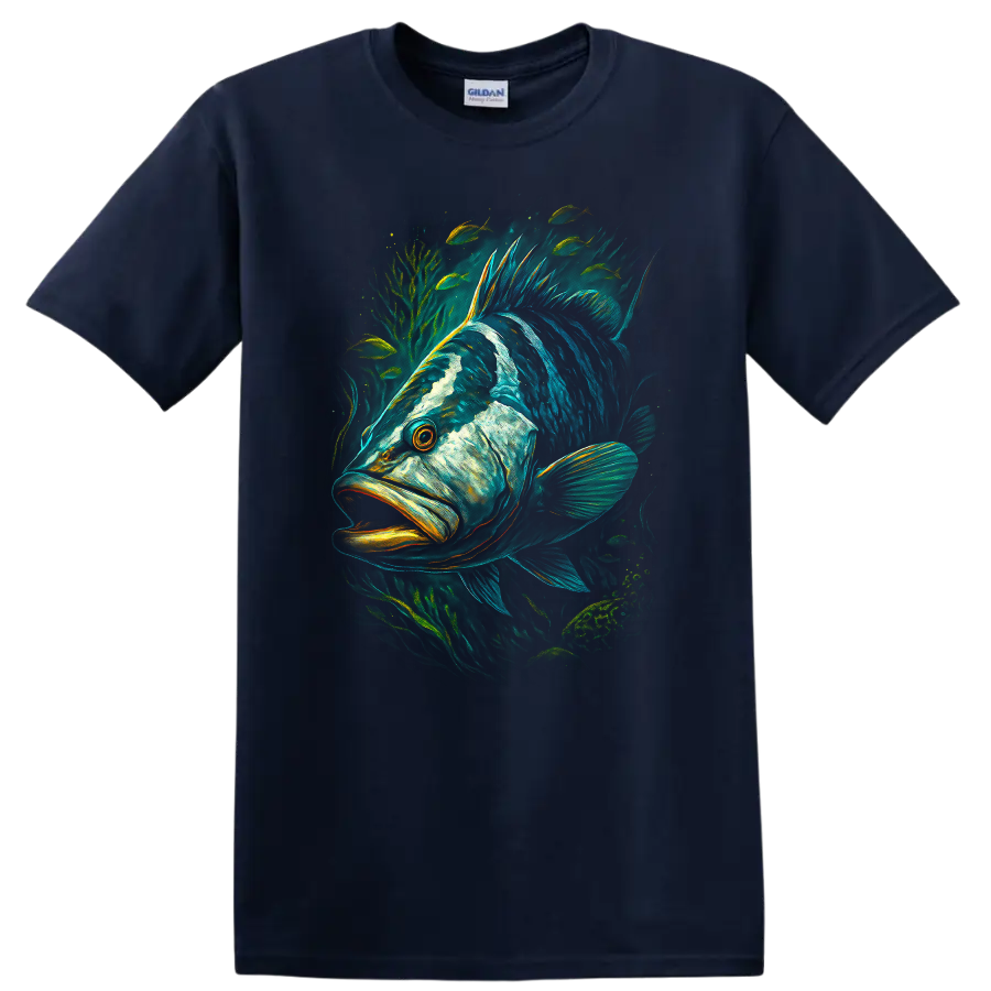 Colorful Fish Illustration T Shirt Vibrant Aquatic Wildlife Graphic - Navy (Blue)