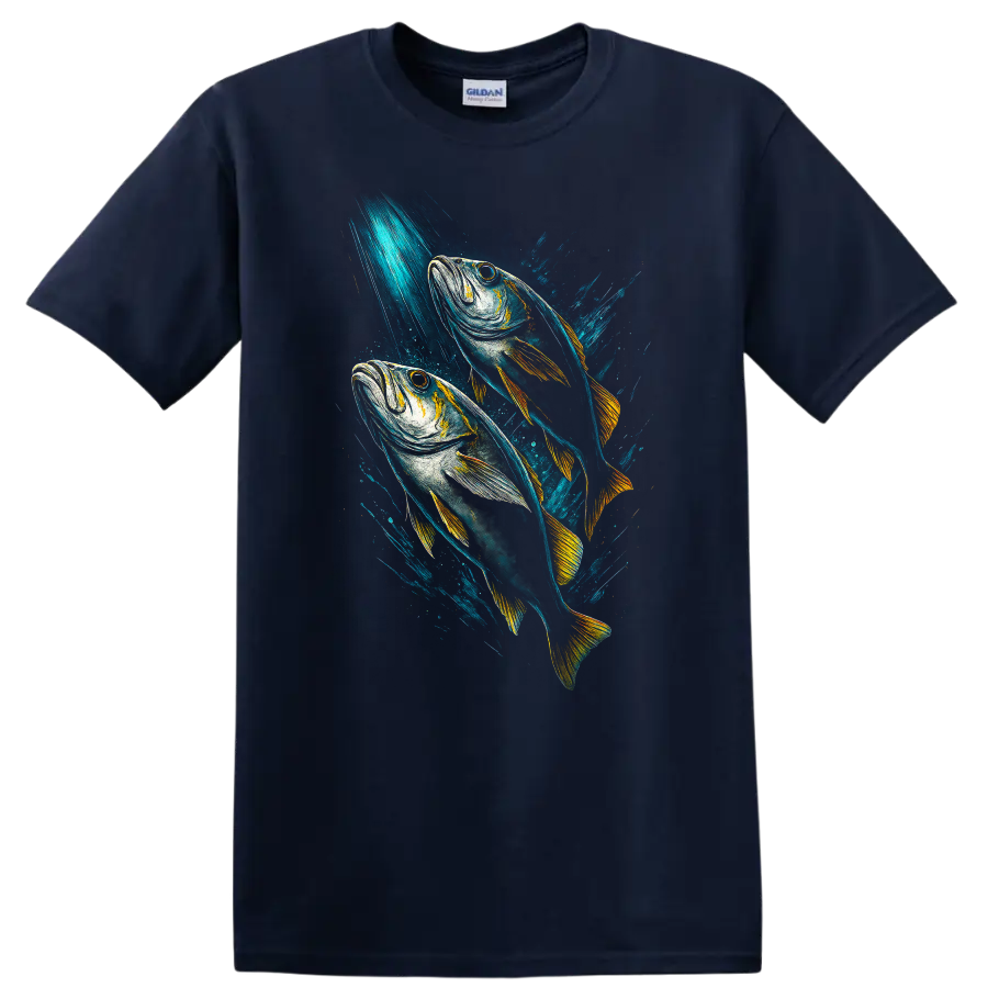 Colorful Fish Duo Splash Art T Shirt for Ocean and Angler Style - Navy (Blue)