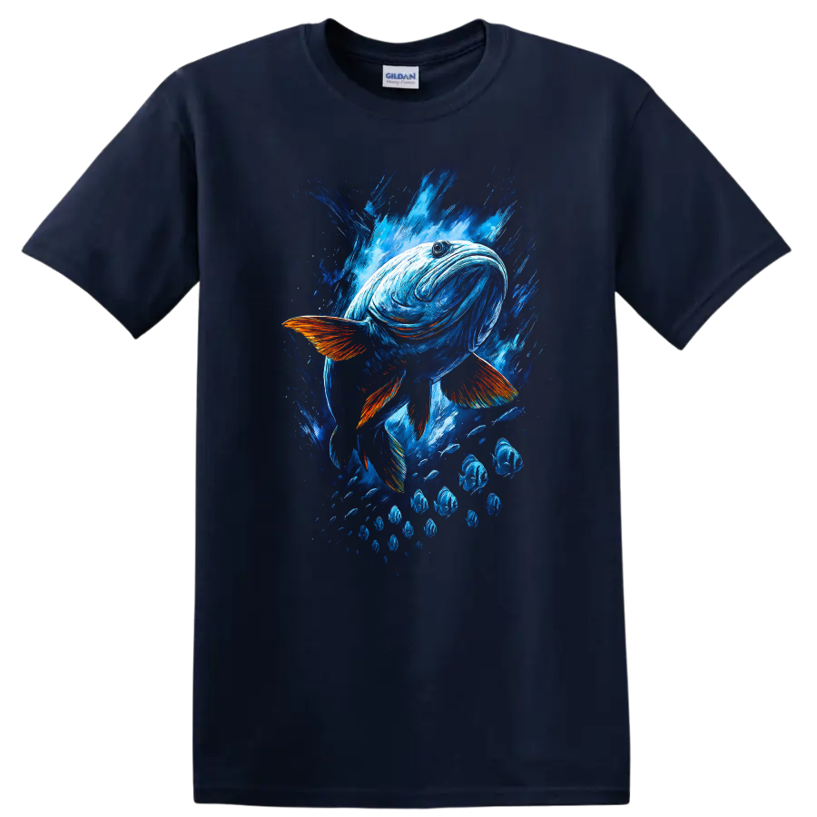 Abstract Blue Fish Splash Art T Shirt for Ocean Lovers and Anglers - Navy (Blue)