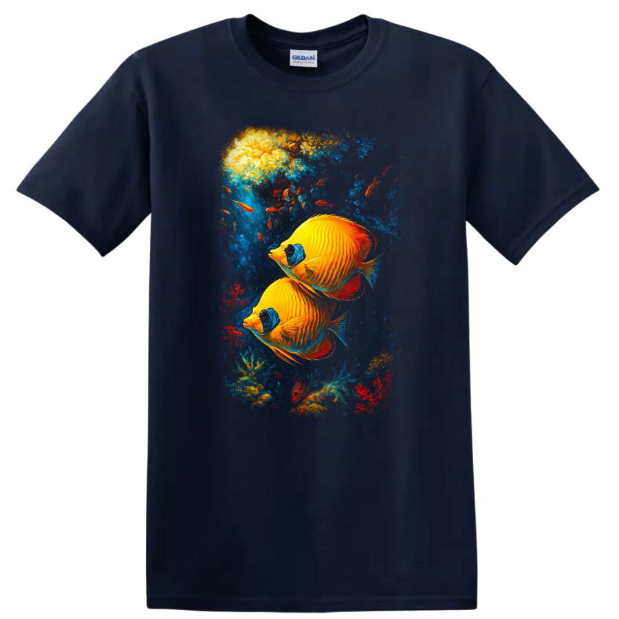 Vibrant Tropical Fish Art T Shirt Colorful Underwater Aquarium Design - Navy (Blue)