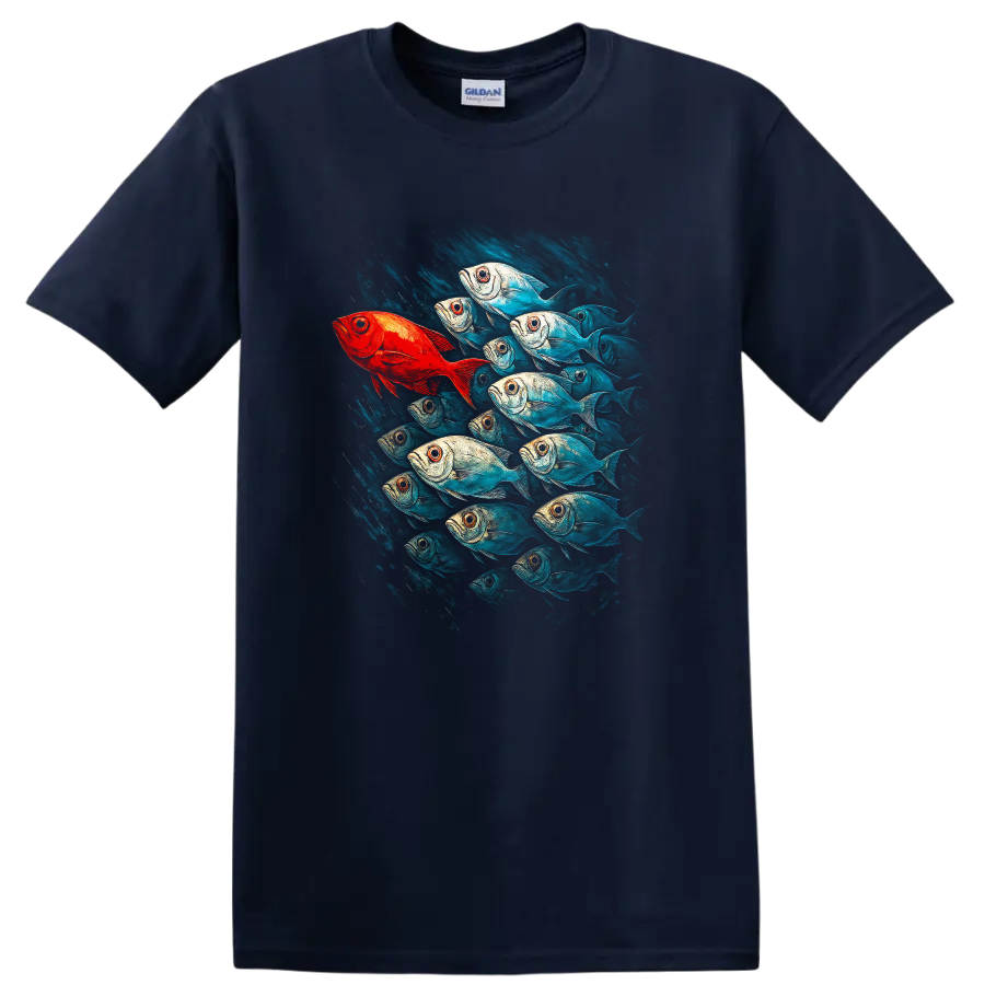 Vibrant Schooling Fish Art T Shirt Colorful Ocean Wildlife Design - Navy (Blue)