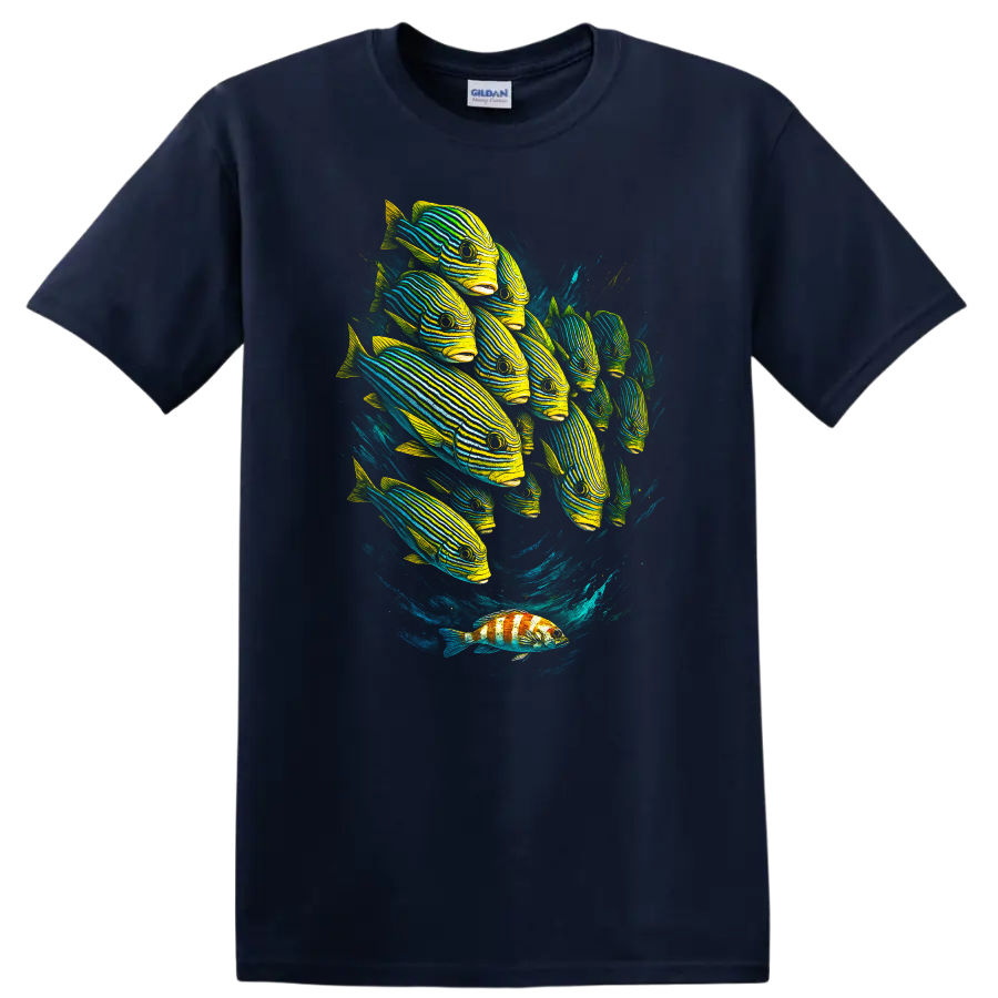 Neon Striped Fish School Ocean Art T Shirt for Marine Life Lovers - Navy (Blue)