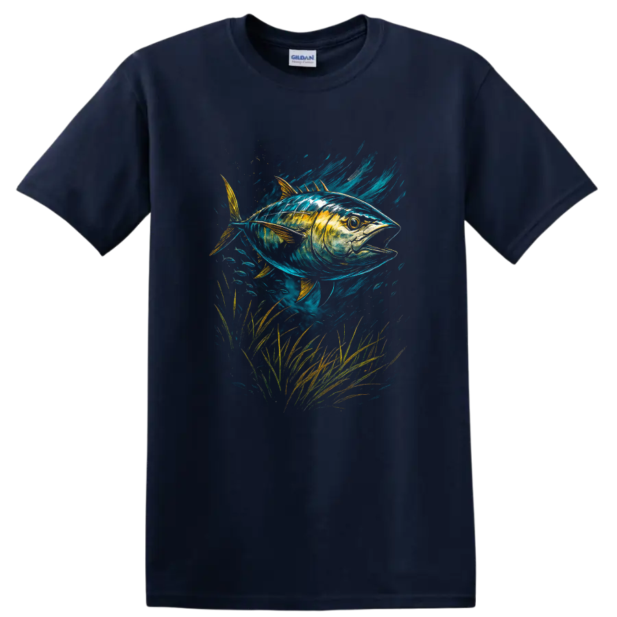 Colorful Tuna Fish Art T Shirt, Vibrant Ocean Wildlife Graphic - Navy (Blue)