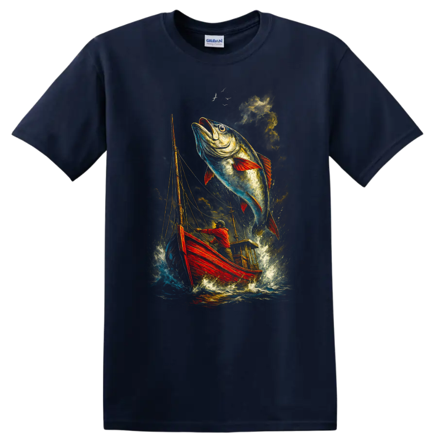 Leaping Fish Fishing Boat Art Gildan 5000 T Shirt for Anglers - Navy (Blue)