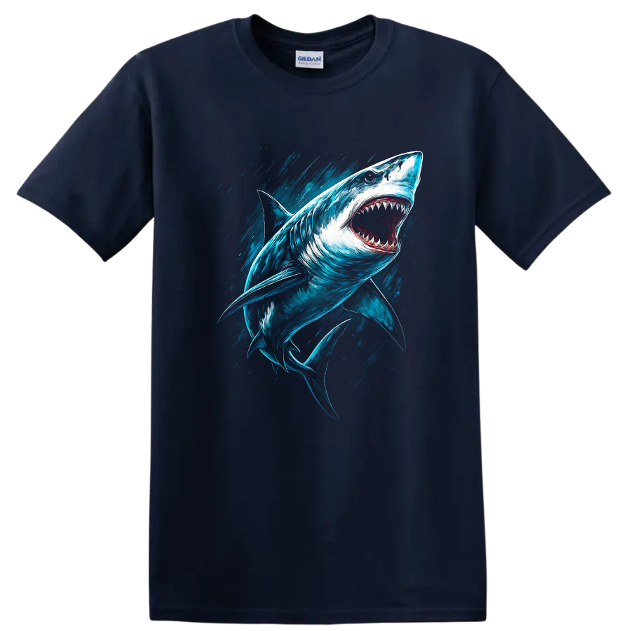Aggressive Great White Shark Splash Art Fish T Shirt for Ocean Lovers - Navy (Blue)