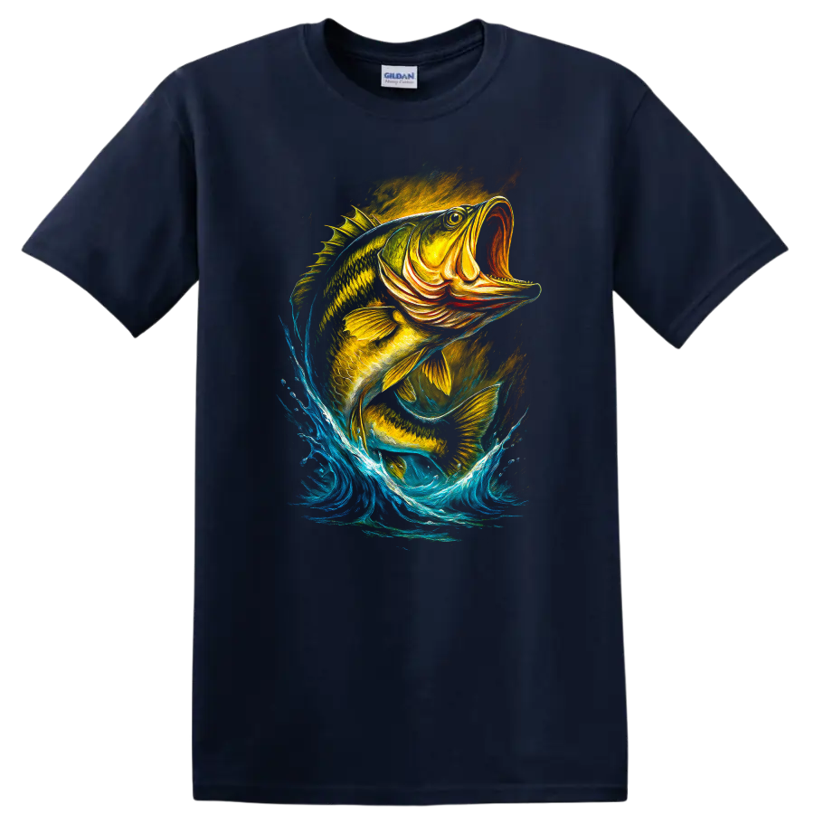 Colorful Jumping Fish Splash Art T Shirt for Anglers and Nature Lovers - Navy (Blue)