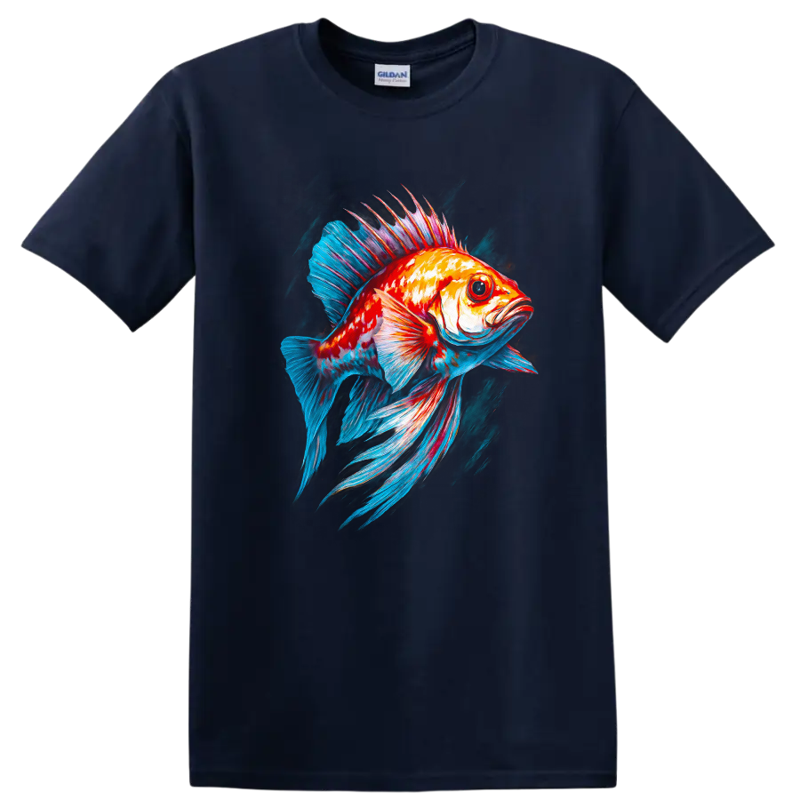 Neon Colorful Fish Art T Shirt Vibrant Ocean Creature Graphic Tee - Navy (Blue)