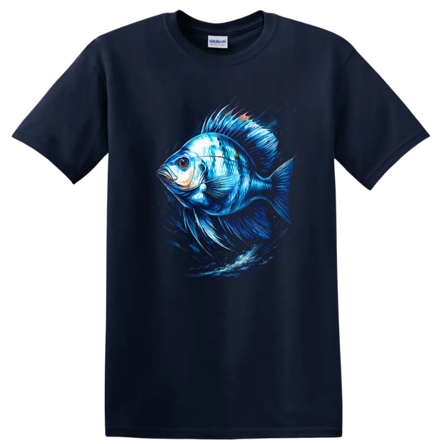 Blue Fish Splash Art T Shirt Vibrant Ocean Animal Graphic for Anglers - Navy (Blue)