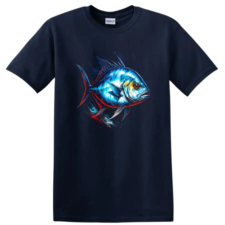 Vibrant Blue Fish Splash Art T Shirt for Anglers and Ocean Lovers - Navy (Blue)