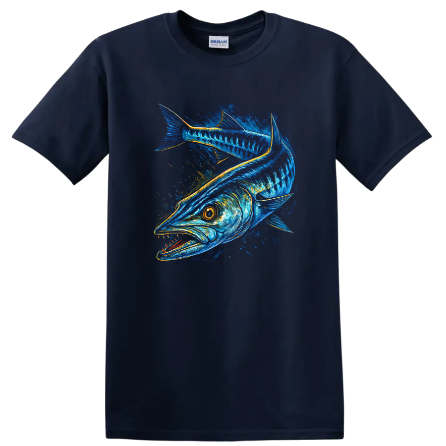 Blue Fish Art T Shirt Vibrant Ocean Wildlife Angler Graphic - Navy (Blue)