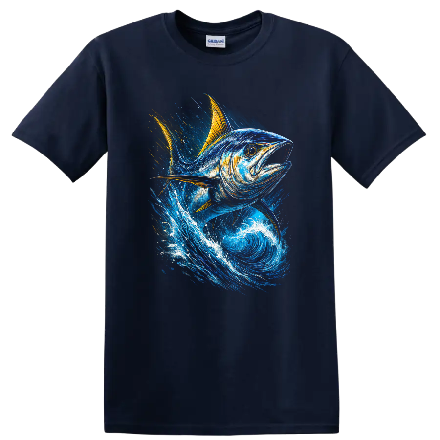 Blue Tuna Fish Splash Art T Shirt For Anglers and Ocean Lovers - Navy (Blue)