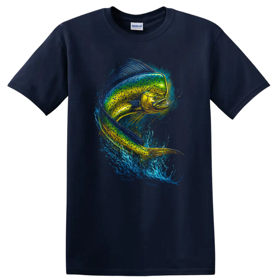 Vibrant Fish Splash Art T Shirt Colorful Jumping Fish Design - Navy (Blue)