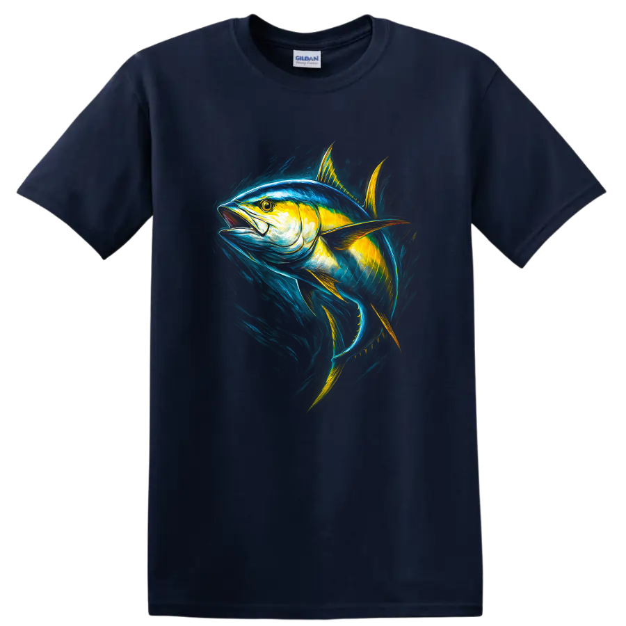 Vibrant Tuna Fish Art T Shirt for Anglers and Ocean Lovers - Navy (Blue)