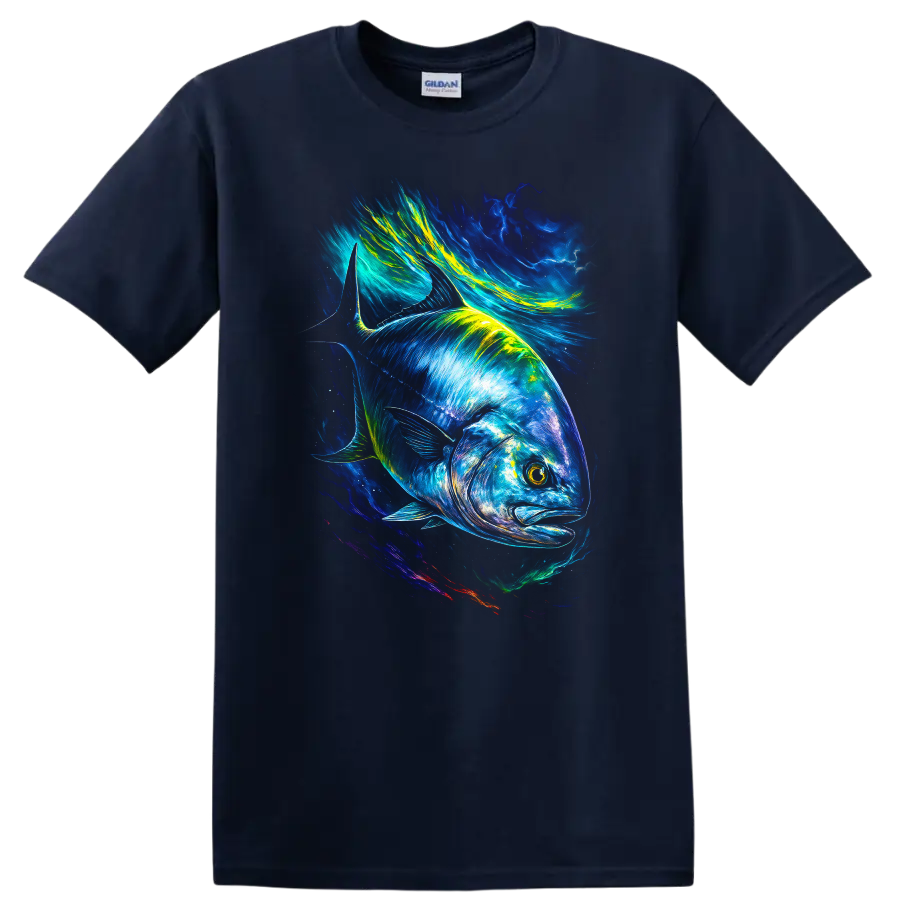 Vibrant Blue Fish Neon Ocean Art T Shirt for Anglers and Nature Lovers - Navy (Blue)