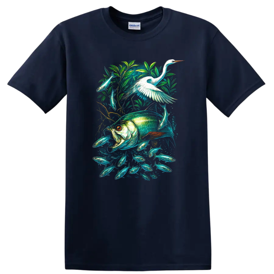 Colorful Fish and Heron Nature Aquarium T Shirt - Navy (Blue)