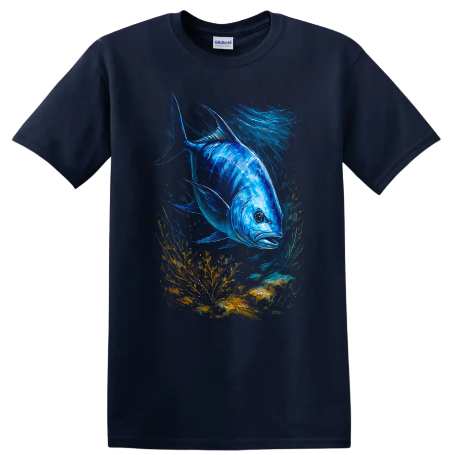 Blue Fish Underwater Art T Shirt Vibrant Ocean Life Graphic Tee - Navy (Blue)