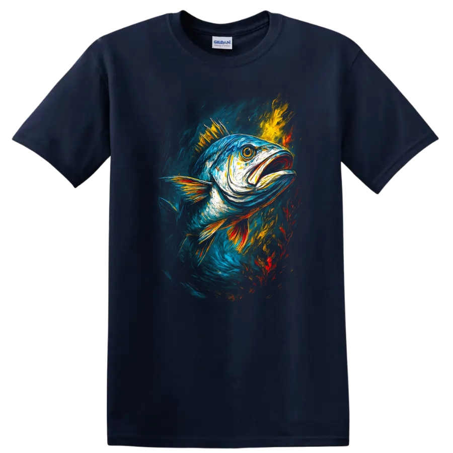 Vibrant Painted Fish Art T Shirt Colorful Ocean Wildlife Design - Navy (Blue)