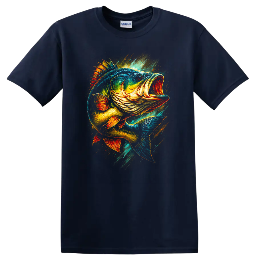 Colorful Largemouth Bass Fish Art T Shirt for Anglers and Outdoors - Navy (Blue)