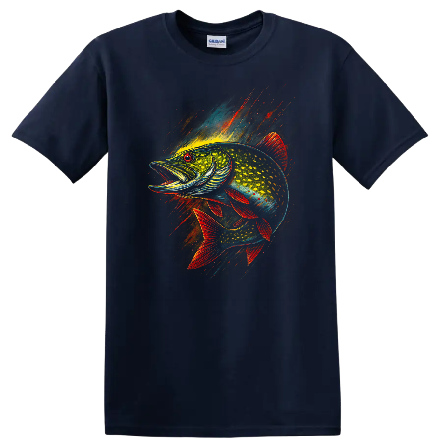 Colorful Fish Splash Art T Shirt Bold Neon Angler Fish Design - Navy (Blue)