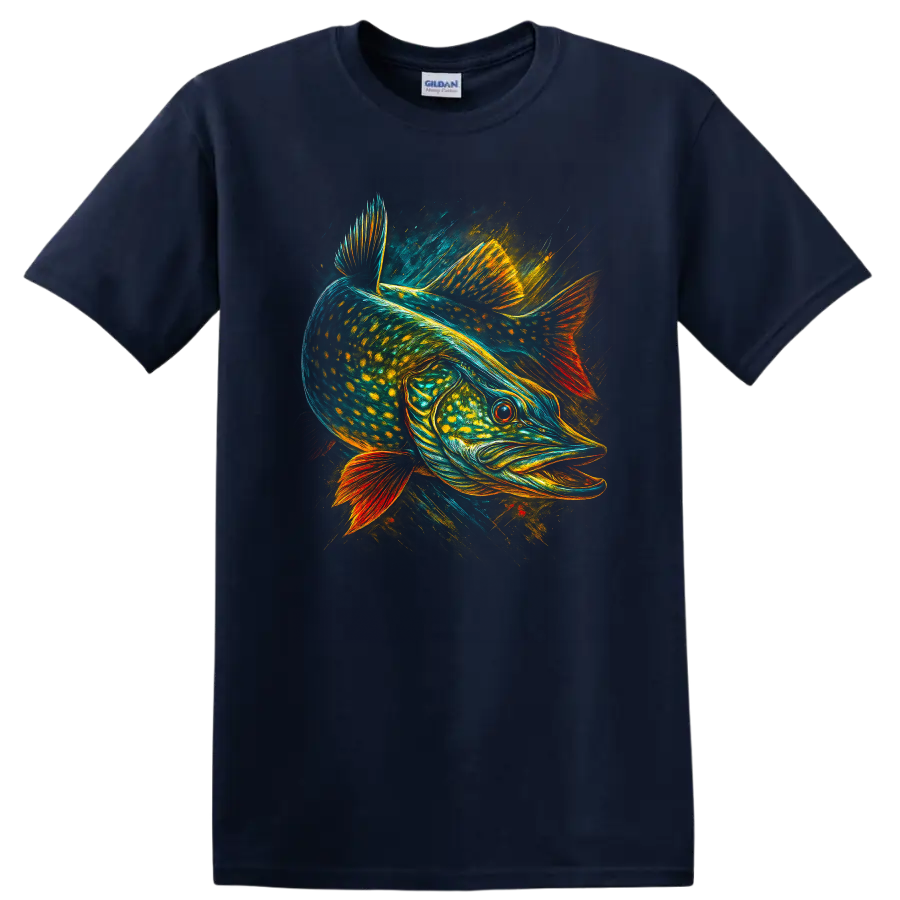 Colorful Fish Art Graphic T Shirt Vibrant Anglerfish Style - Navy (Blue)