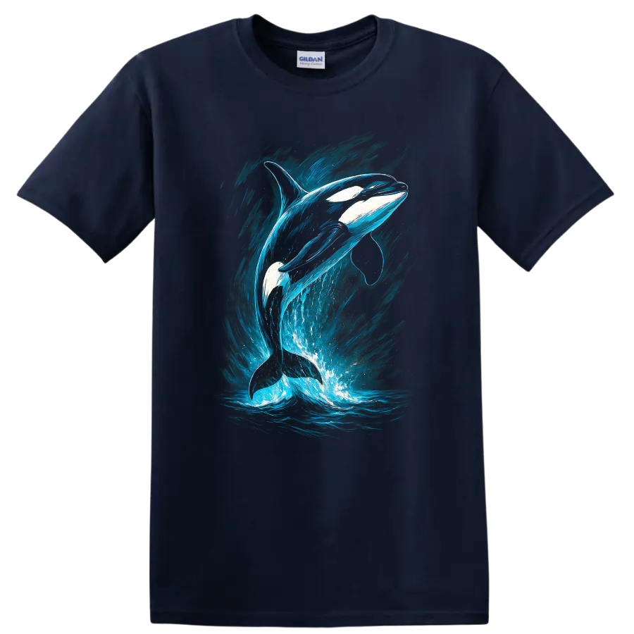 Orca Whale Blue Ocean Splash Fish Art T Shirt for Nature Lovers - Navy (Blue)