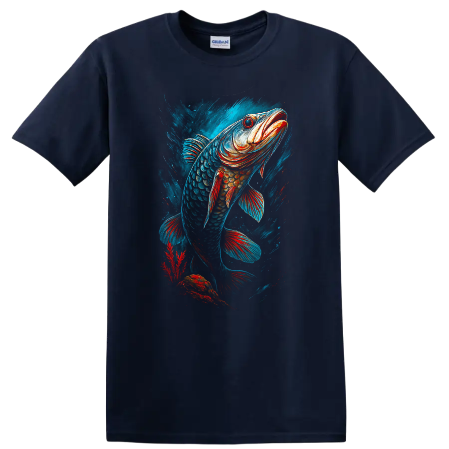 Vibrant Fish Art T Shirt Bold Colorful Angler Design - Navy (Blue)