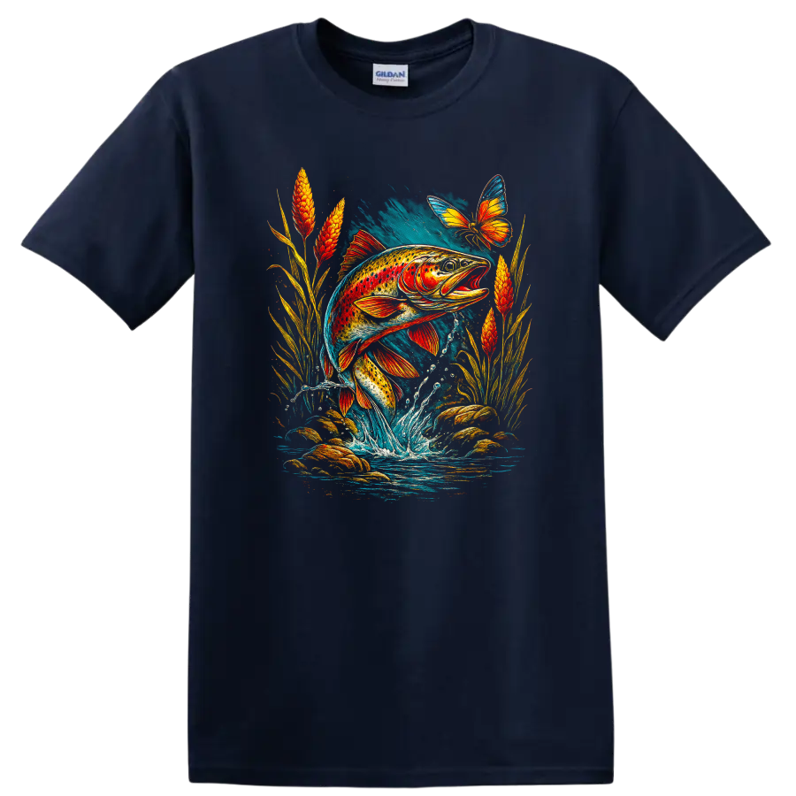 Colorful Fish Jumping Water Art T Shirt with Butterfly Nature Design - Navy (Blue)