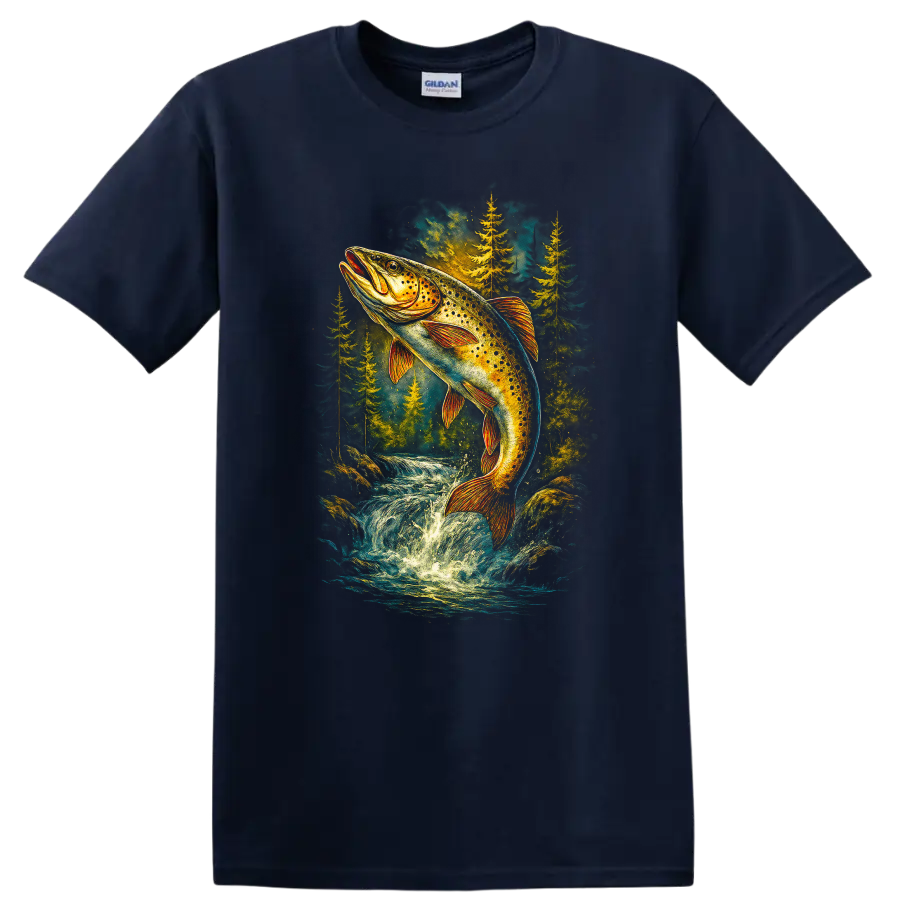 Colorful Trout Jumping River Wildlife Fishing T Shirt for Anglers - Navy (Blue)