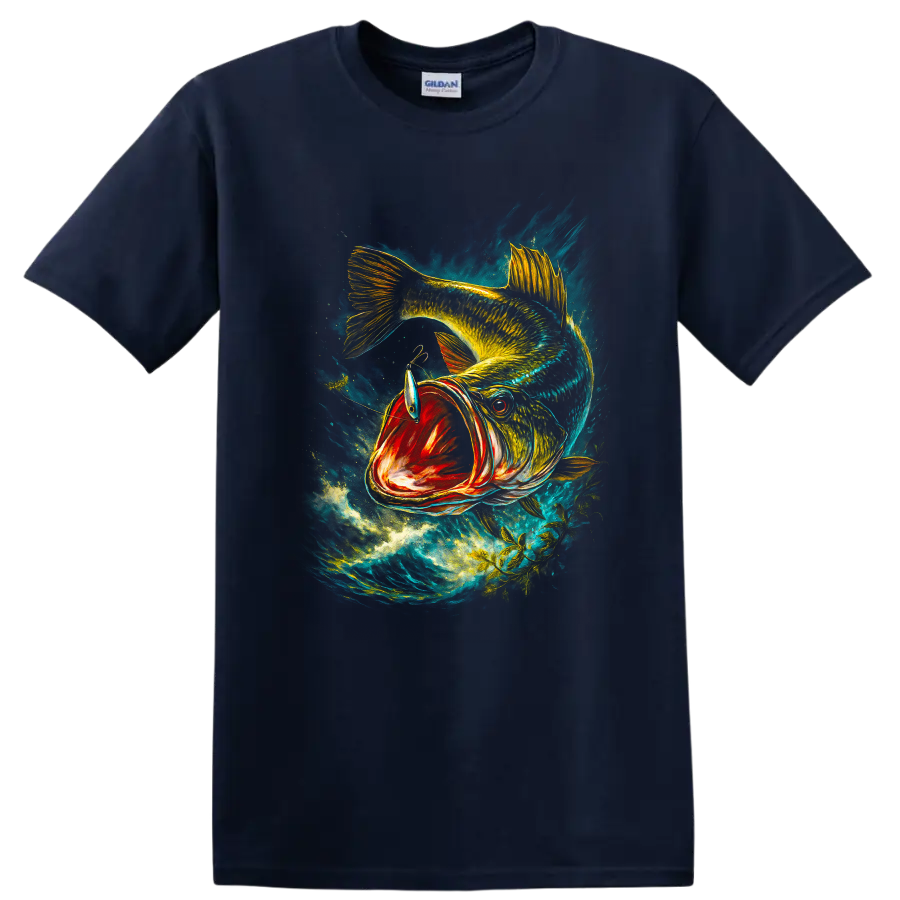 Colorful Bass Fish Splash Art T Shirt for Anglers and Fishing Lovers - Navy (Blue)
