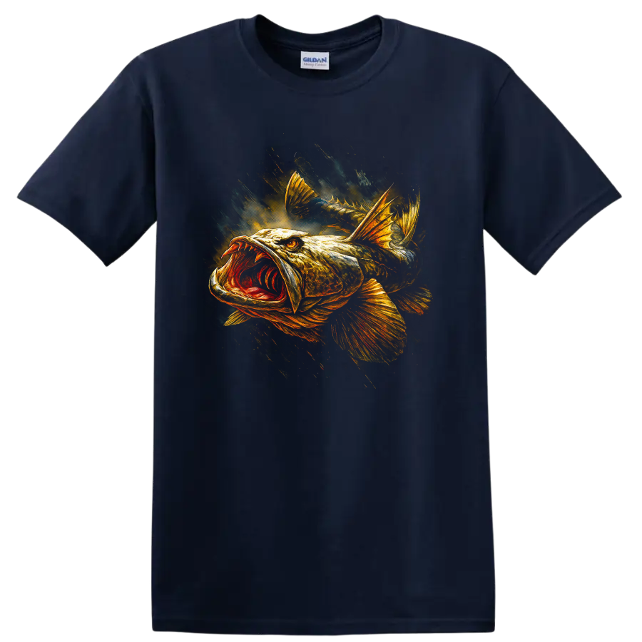 Aggressive Bass Fish Art T Shirt Bold Angler Graphic for Fishermen - Navy (Blue)