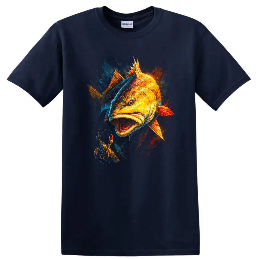 Colorful Fish and Lobster Ocean Art T Shirt for Fishing Lovers - Navy (Blue)