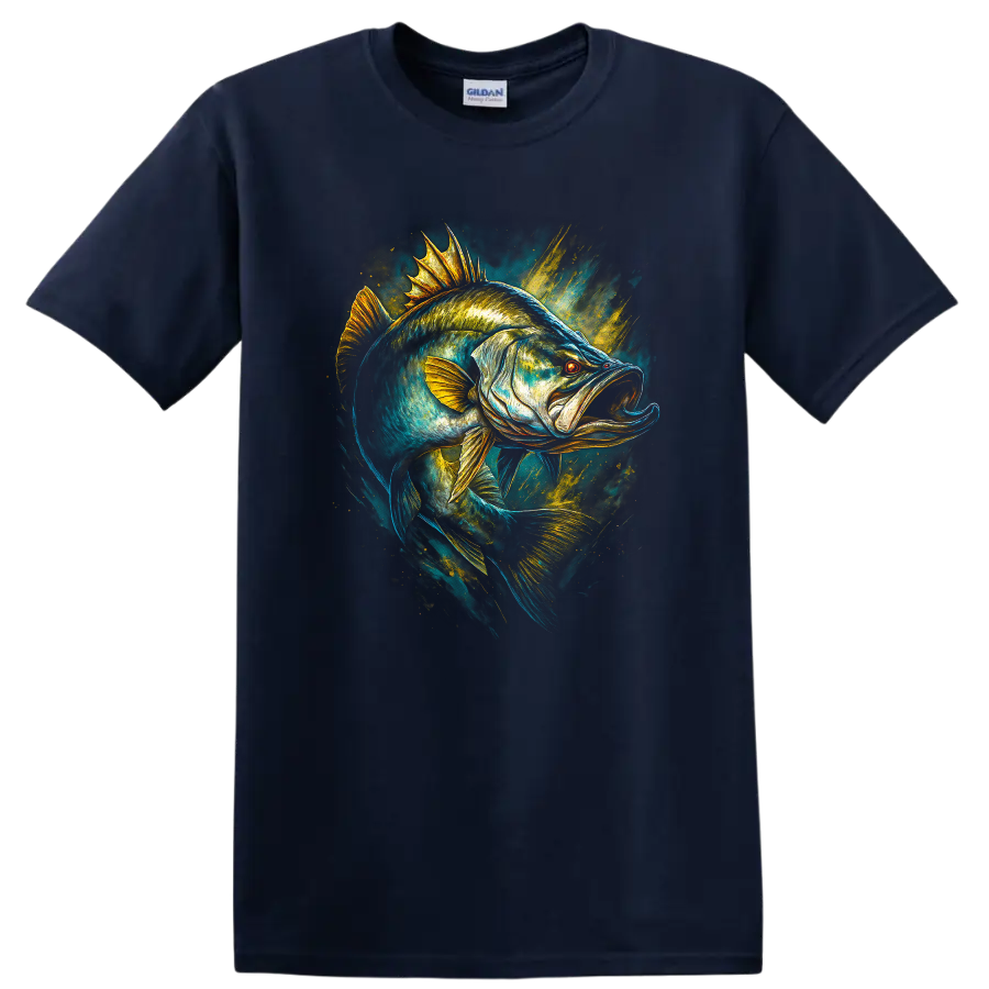 Electric Bass Fish Artwork T Shirt, Vibrant Angler Style Graphic Tee - Navy (Blue)