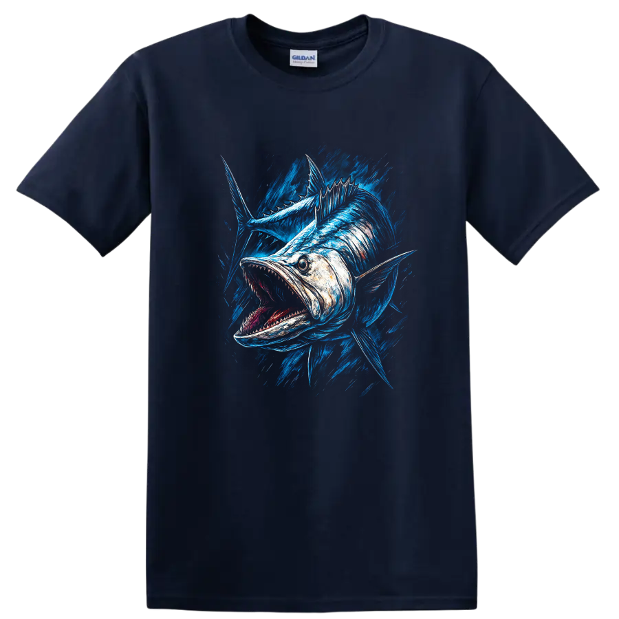 Aggressive Blue Fish Splash Art T Shirt for Anglers and Ocean Lovers - Navy (Blue)