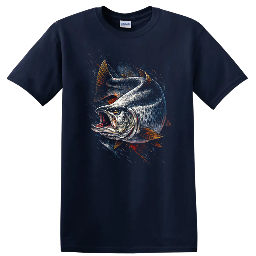 Aggressive Fish Splash Art T Shirt for Anglers and Fishing Fans - Navy (Blue)
