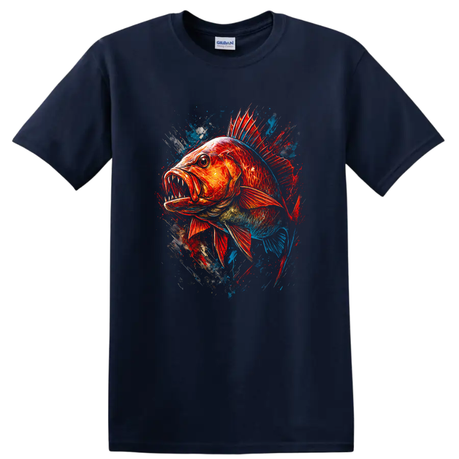 Colorful Aggressive Fish Splash Art T Shirt for Anglers and Ocean Fans - Navy (Blue)