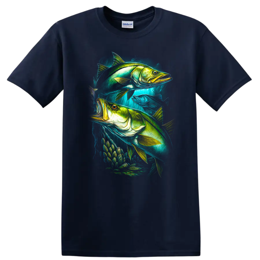 Vibrant Fish Art T Shirt Neon Underwater Fishing Graphic - Navy (Blue)