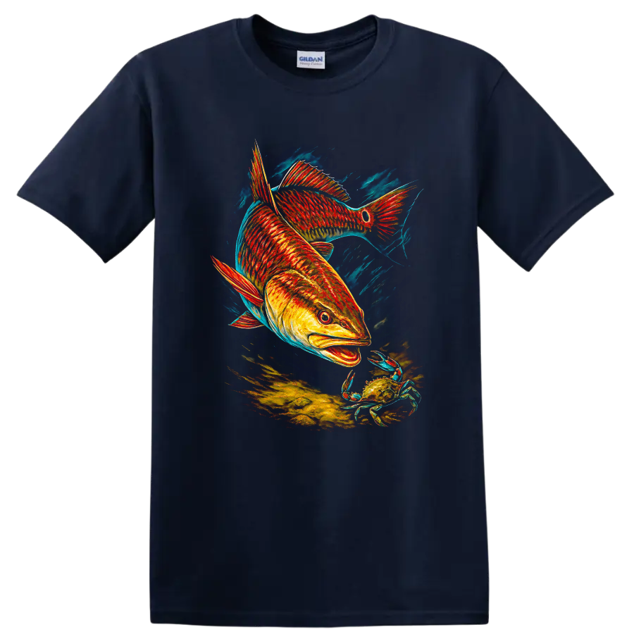 Vibrant Fish and Crab Underwater Art T Shirt for Ocean Lovers - Navy (Blue)