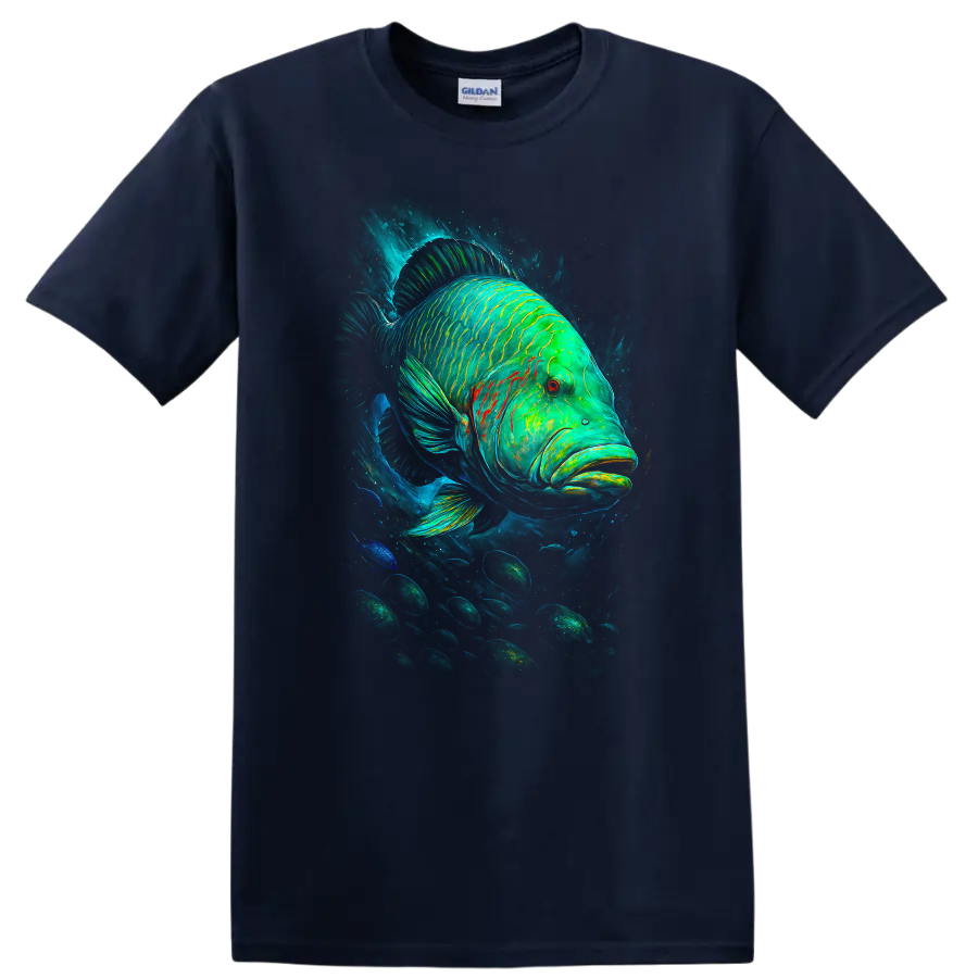 Neon Green Blue Fish Art T Shirt Deep Sea Tropical Wildlife Graphic - Navy (Blue)